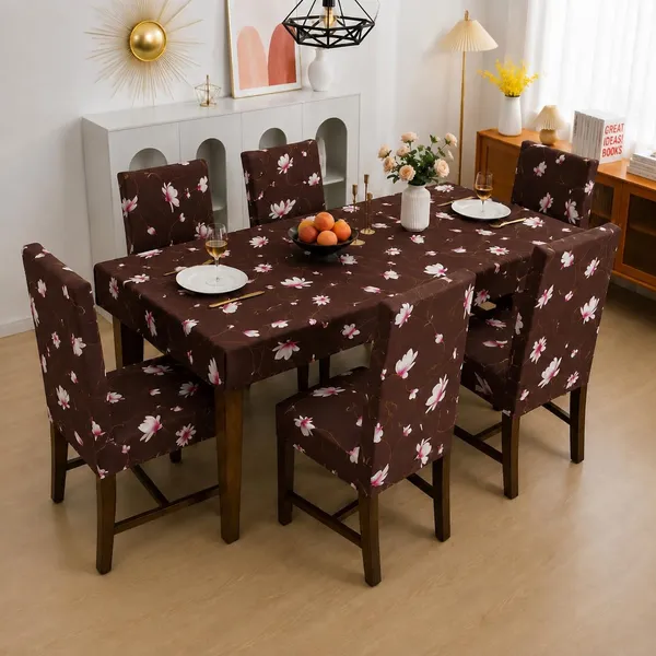 Polycotton_Elastic_Floral_6_Seater_Dining_Table_Cover_With_Chair_Covers_Coffee