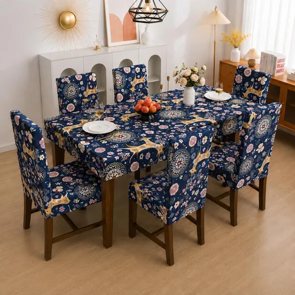 Polycotton_Elastic_Dining_Deer_Print_Table_Cover_With_6_Chair_Covers