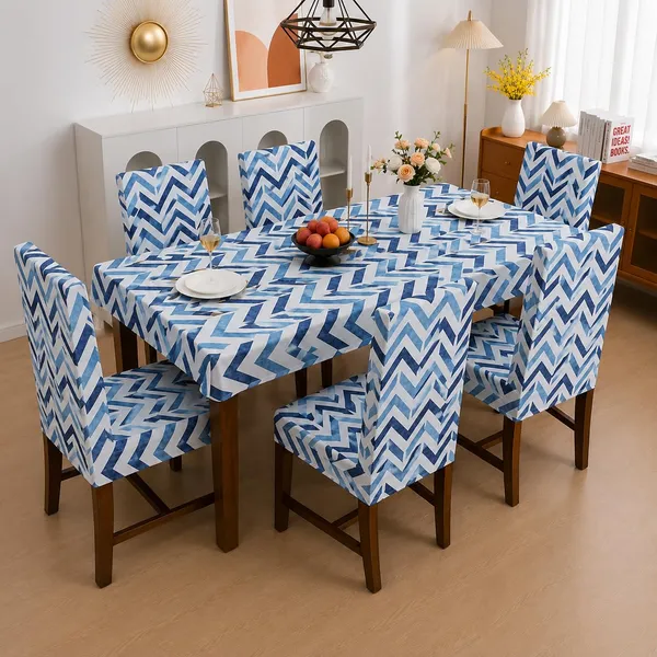 Polycotton_Elastic_Blue_Zig_Zag_Print_6_Seater_Table_Cover_With_Chair_Covers