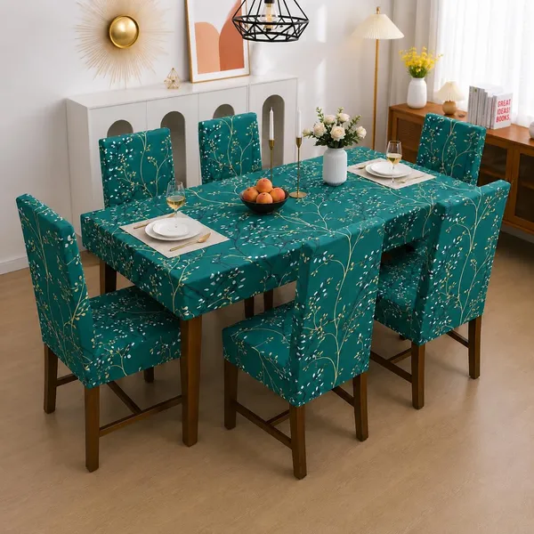 Polycotton_Elastic_Green_Tree_Print_6_Seater_Table_Cover_With_Chair_Covers