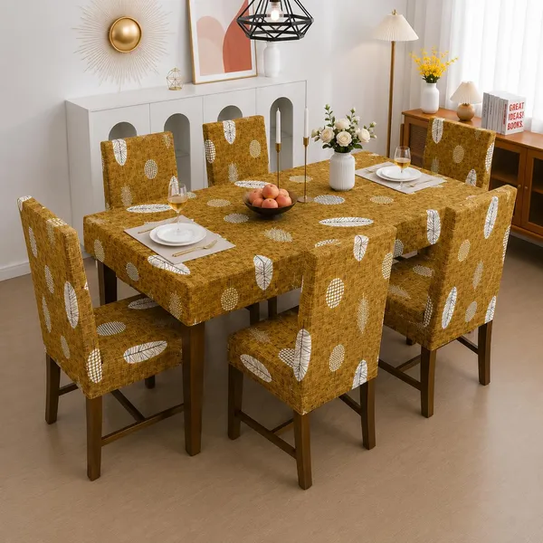 Polycotton_Elastic_Dining_Golden_Leaf_6_Seater_Table_Cover_With_Chair_Covers