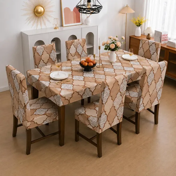 Polycotton_Elastic_Dining_Golden_Diamond_Print_Table_Cover_With_6_Chair_Covers