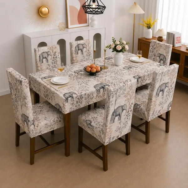 Polycotton_Elastic_Elephant_Print_6_Seater_Dining_Table_Cover_With_Chair_Covers