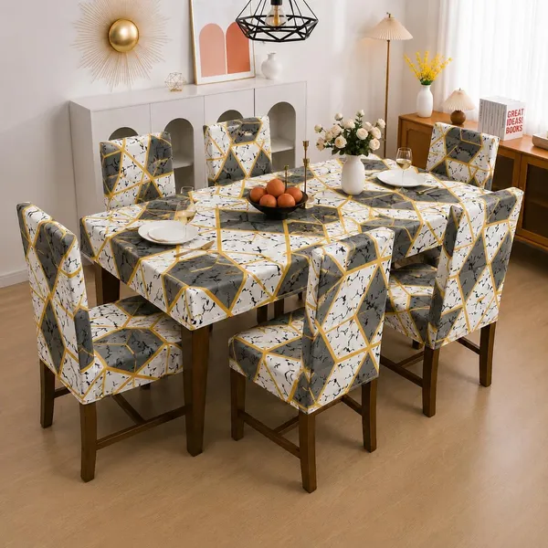 Polycotton_Elastic_Dining_Grey_Stone_Print_Table_Cover_With_6_Chair_Covers
