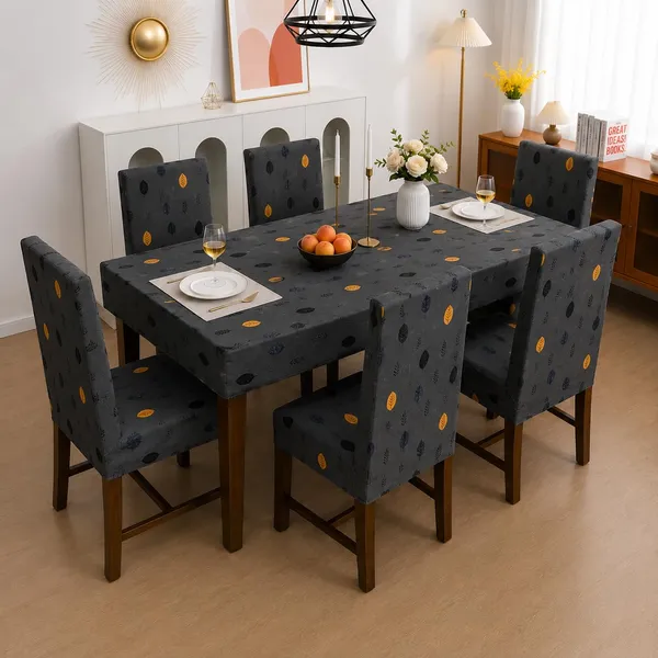 Polycotton_Elastic_Polka_Dot_6_Seater_Dining_Table_Cover_With_Chair_Covers_Grey