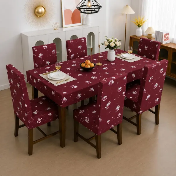 Polycotton_Elastic_Maroon_Floral_Print_6_Seater_Table_Cover_With_Chair_Covers