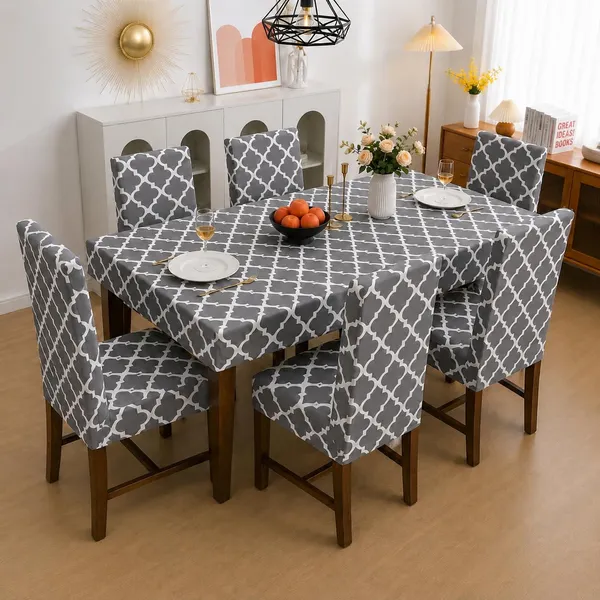 Polycotton_Elastic_Dining_Grey_Diamond_6_Seater_Table_Cover_With_Chair_Covers