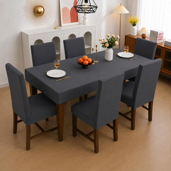 Polycotton_Elastic_Dining_Grey_Plain_Table_Cover_With_6_Chair_Covers