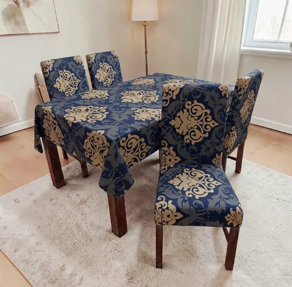 Polycotton_Dining_Brown_Damask_4_Seater_Table_Cover_With_Chair_Covers
