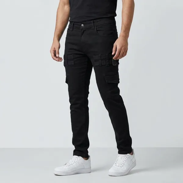 Black_Cotton_Lycra_Buckle_Strap_Cargos_For_Men