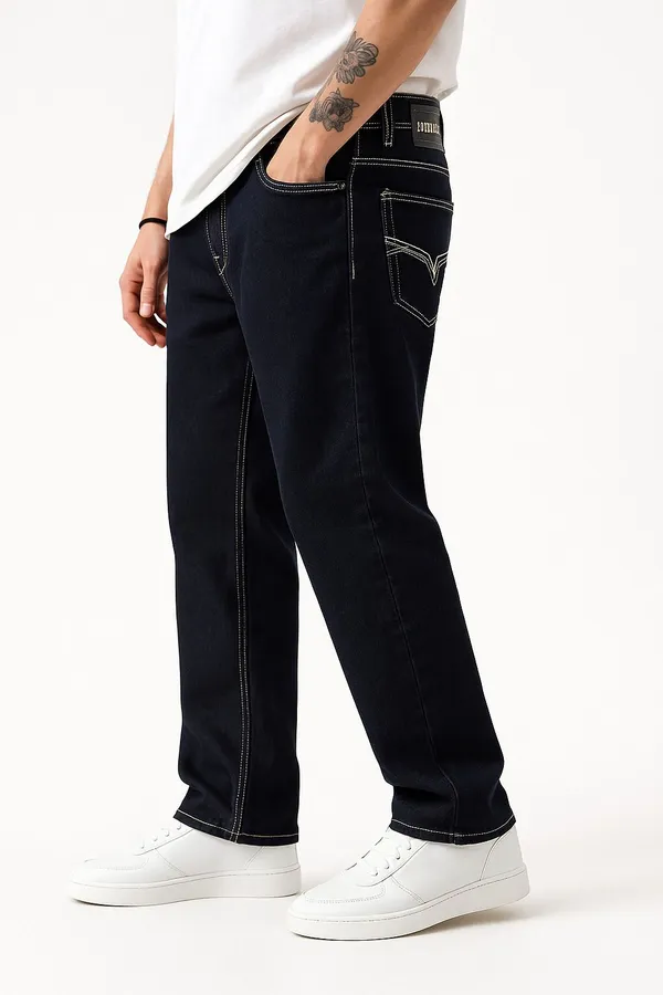 Dark_Blue_Cotton_Blend_Loose_Fit_Denim_Jeans_For_Men