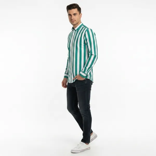 Green_And_White_Blended_Cotton_Shirt_For_Men