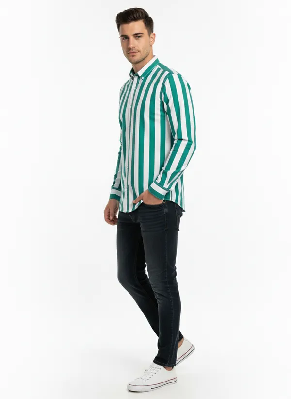 Green_And_White_Blended_Cotton_Shirt_For_Men