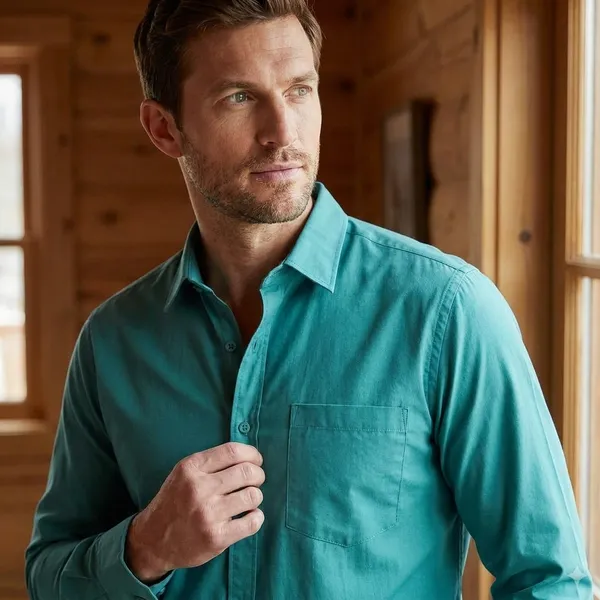 Turquoise_Blue_Blended_Cotton_Shirt_For_Men