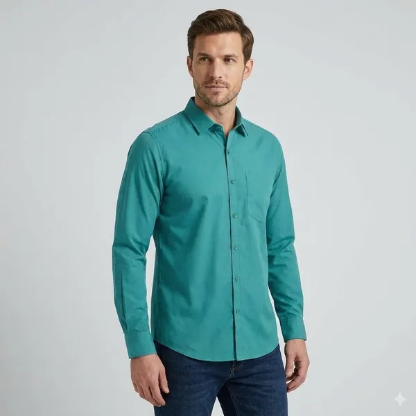 Turquoise_Blue_Blended_Cotton_Shirt_For_Men