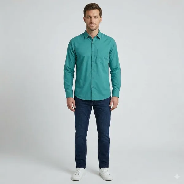 Turquoise_Blue_Blended_Cotton_Shirt_For_Men