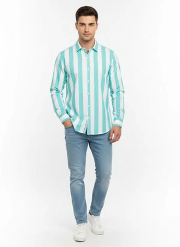 Green_And_White_Blended_Cotton_Shirt_For_Men