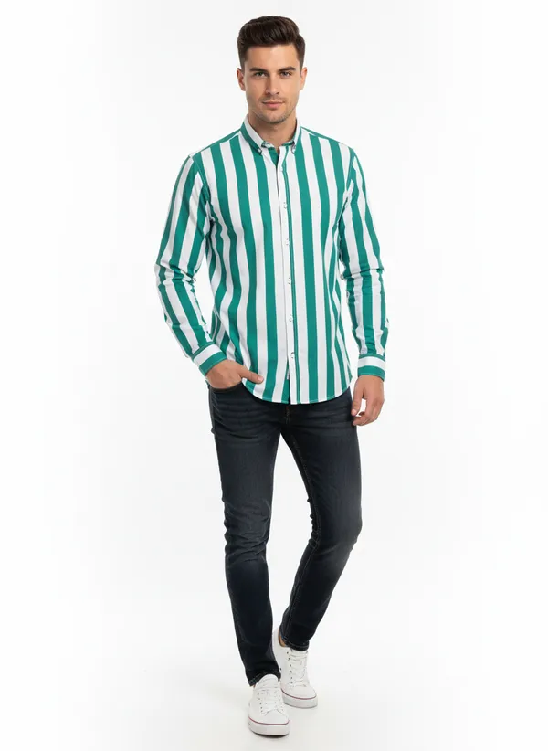 Green_And_White_Blended_Cotton_Shirt_For_Men