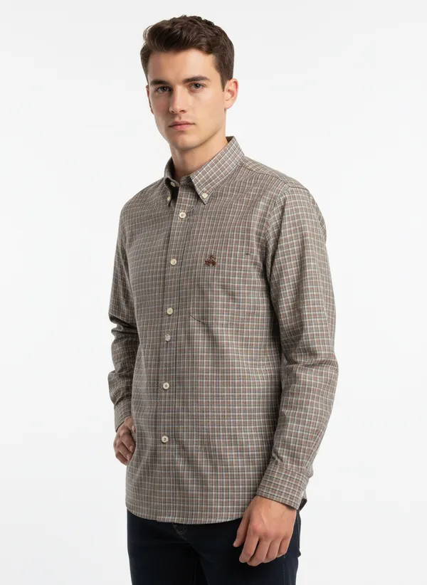 Brown_And_White_Blended_Cotton_Shirt_For_Men