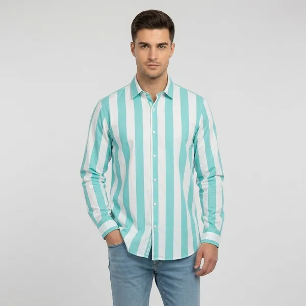 Green_And_White_Blended_Cotton_Shirt_For_Men