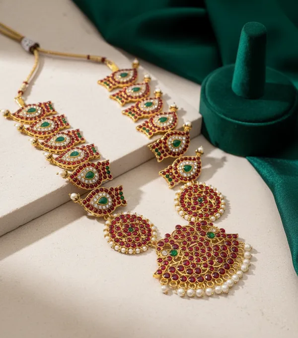 Gold_Alloy_Peacock_Paisley_Ruby_Emerald_Long_Haram_For_Women