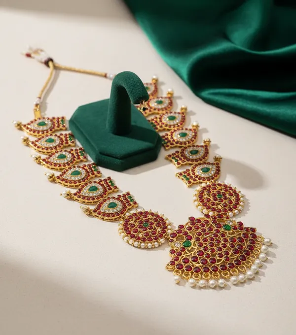 Gold_Alloy_Peacock_Paisley_Ruby_Emerald_Long_Haram_For_Women