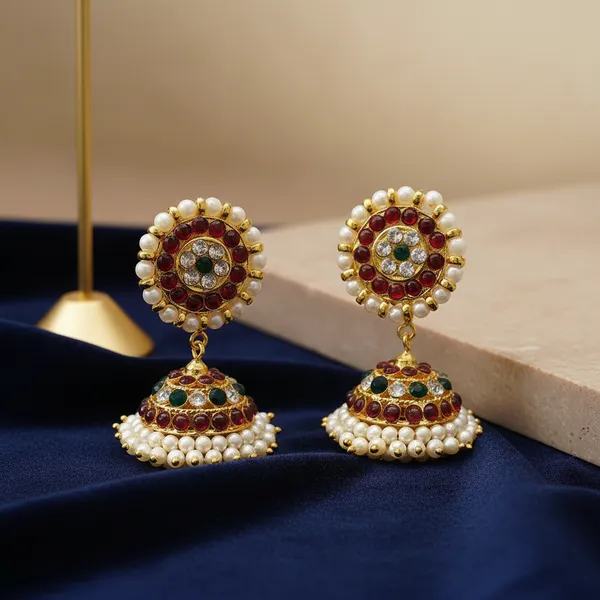 Gold_&_Red_Alloy_Kemp_Stone_Pearl_Drop_Jhumka_Earrings_For_Women