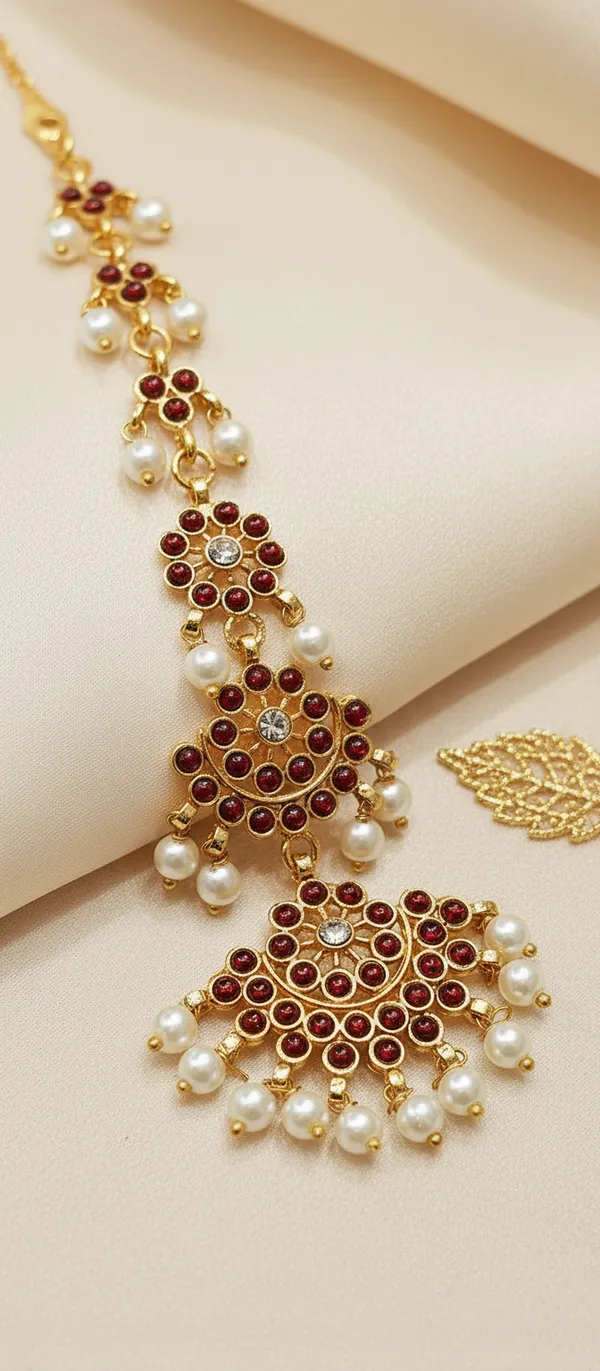 Gold_Alloy_Kundan_Red_Stone_Pearl_Drop_Floral_Maang_Tikka_For_Women