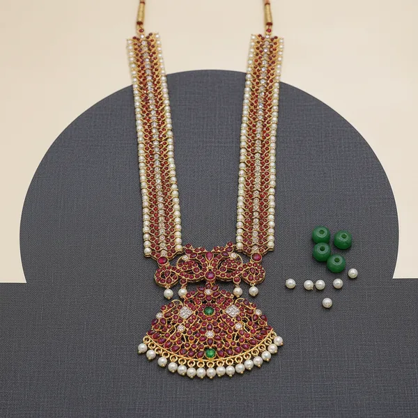 Gold_Alloy_Red_Green_Stone_Pearl_Temple_Long_Haram_For_Women
