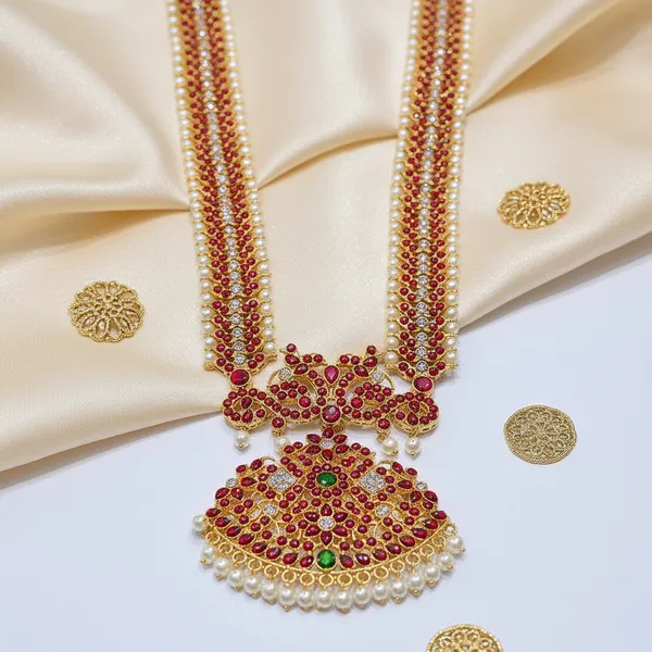 Gold_Alloy_Red_Green_Stone_Pearl_Temple_Long_Haram_For_Women