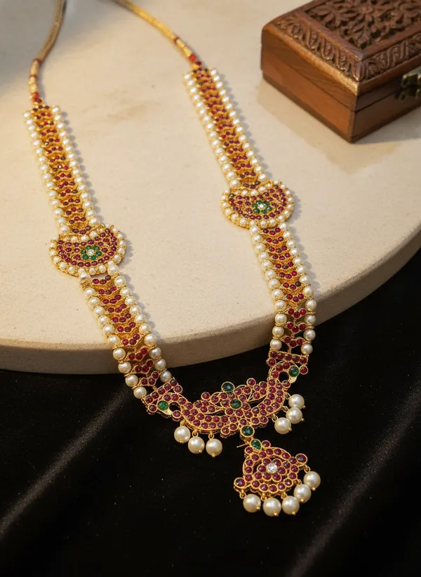 Gold_Alloy_Kundan_Ruby_Emerald_Stone_Long_Haram_For_Women