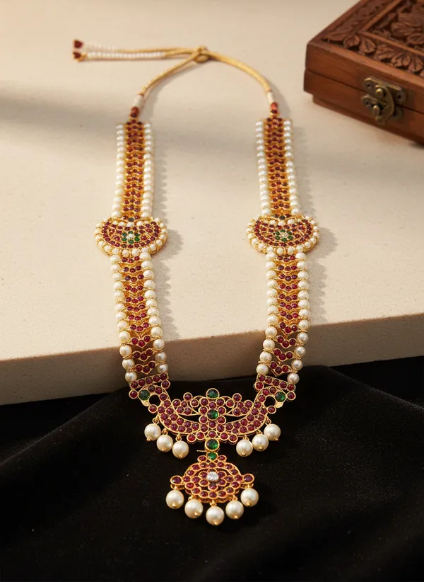 Gold_Alloy_Kundan_Ruby_Emerald_Stone_Long_Haram_For_Women