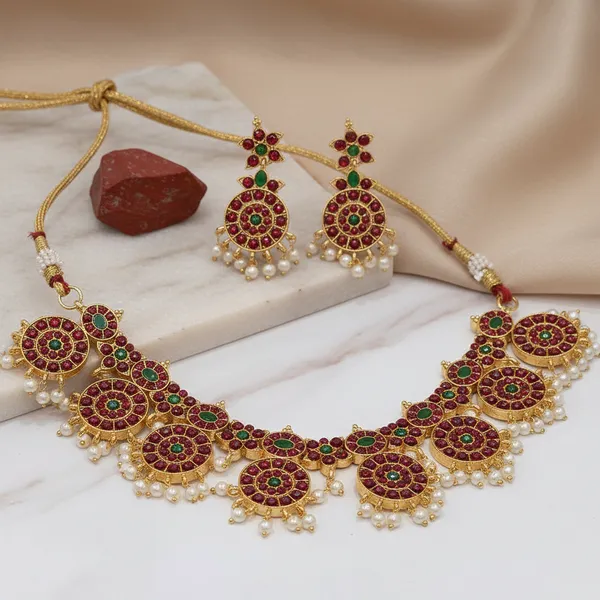 Gold_Alloy_Ruby_Emerald_Mango_Design_Short_Necklace_Set_For_Women_Pack_Of_2