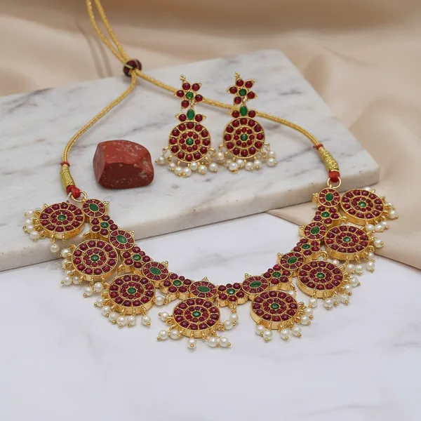 Gold_Alloy_Ruby_Emerald_Mango_Design_Short_Necklace_Set_For_Women_Pack_Of_2