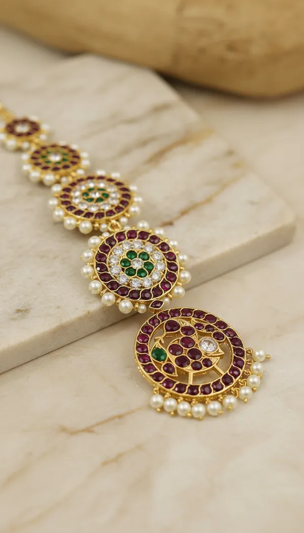 Gold_Alloy_Pink_&_Green_Stone_Pearl_Maang_Tikka_For_Women