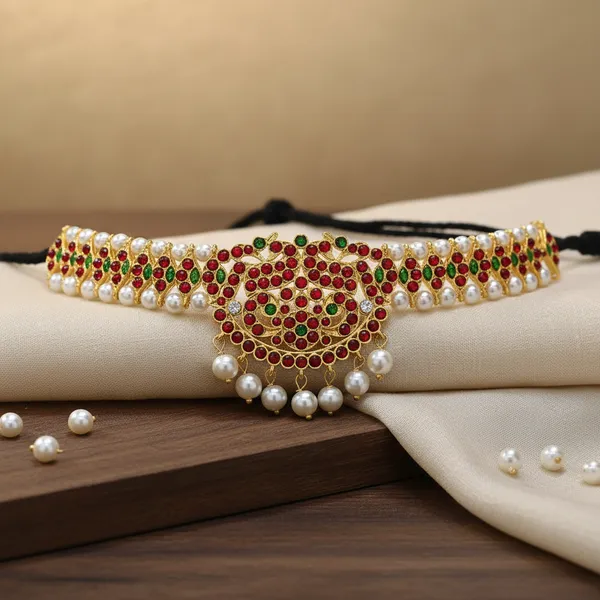 Gold_Alloy_Red_Green_Kemp_Stone_Pearl_Drop_Choker_For_Women