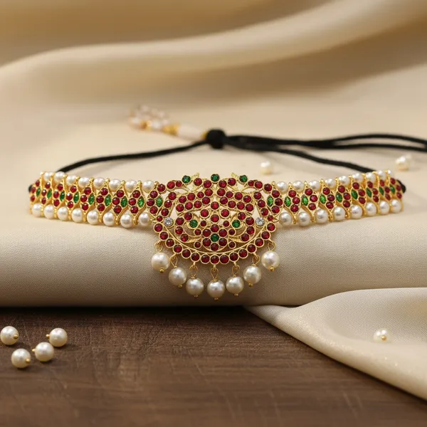 Gold_Alloy_Red_Green_Kemp_Stone_Pearl_Drop_Choker_For_Women