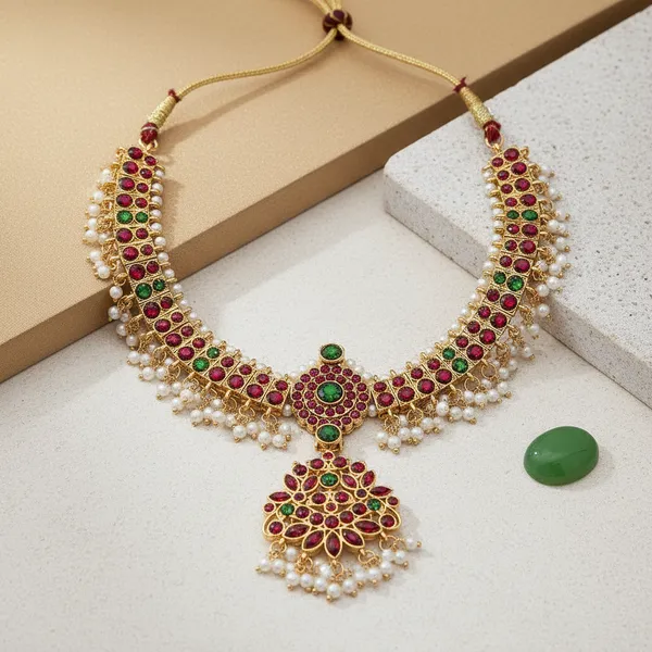 Gold_Alloy_Ruby_Emerald_Crescent_Short_Necklace_For_Women