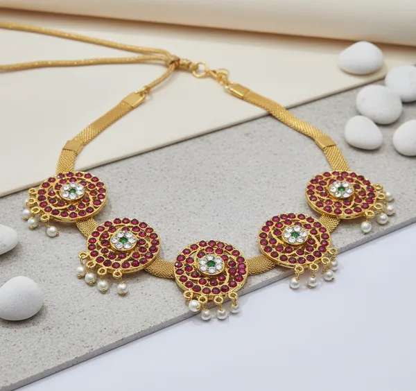 Gold_Alloy_Ruby_Emerald_Stone_Short_Necklace_For_Women