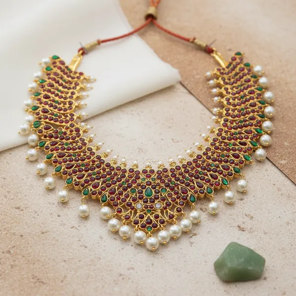 Gold_Alloy_Kemp_Stone_Pearl_Drop_Temple_Short_Necklace_For_Women