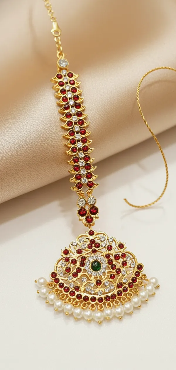 Gold_Plated_Red_White_Stone_Pearl_Drop_Maang_Tikka_For_Women