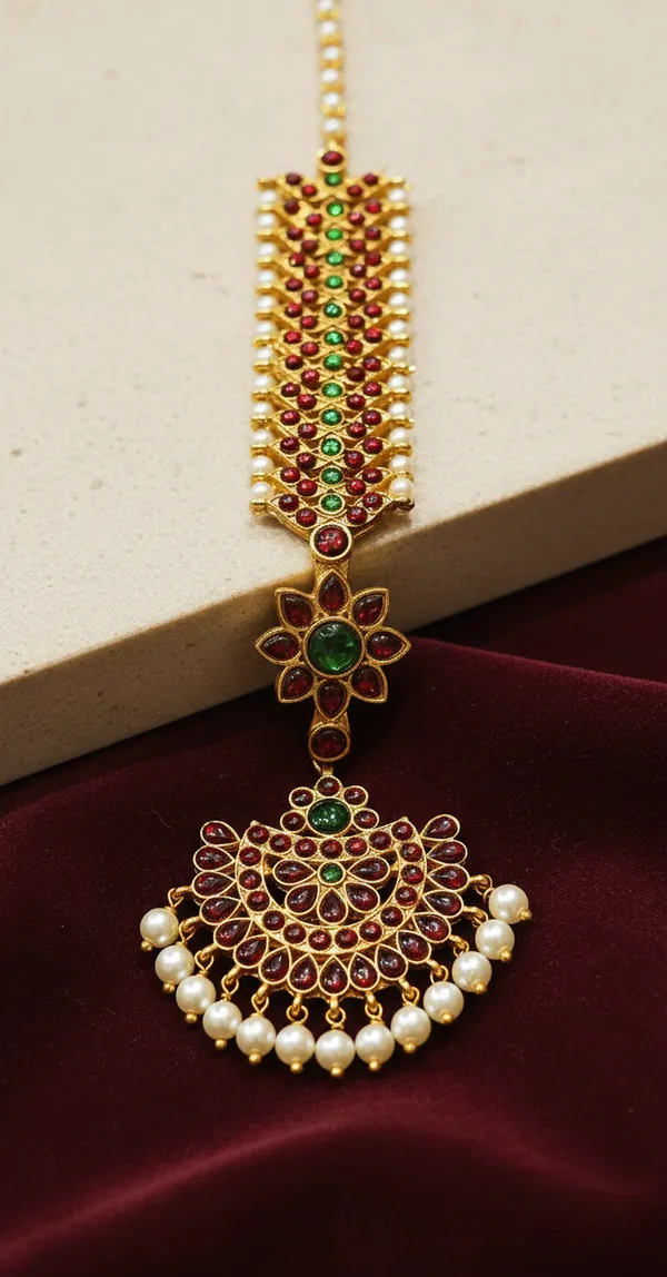 Gold_Alloy_Red_Green_Stone_Floral_Maang_Tikka_For_Women