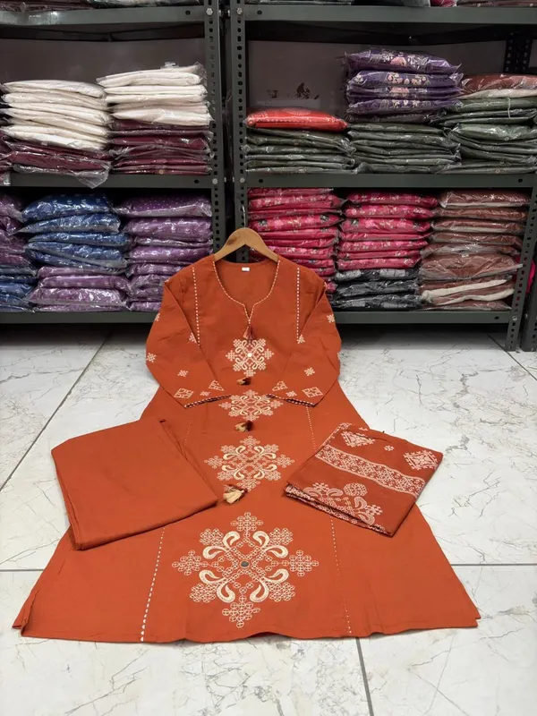 Orange_Cotton_Embroidered_Kurta_Set_For_Women