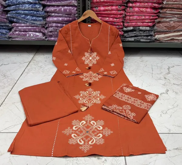 Orange_Cotton_Embroidered_Kurta_Set_For_Women