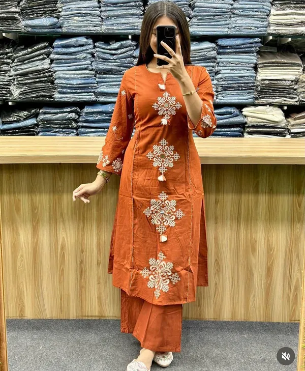 Orange_Cotton_Embroidered_Kurta_Set_For_Women