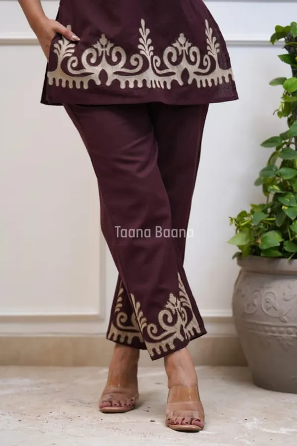 Chocolate_Brown_Cotton_Slub_Embroidered_Kurta_Set_For_Women