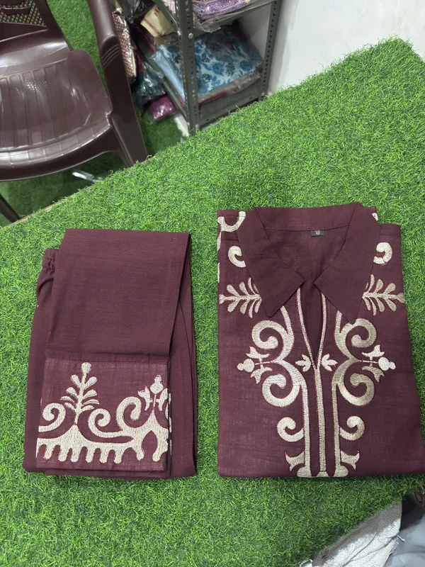 Chocolate_Brown_Cotton_Slub_Embroidered_Kurta_Set_For_Women