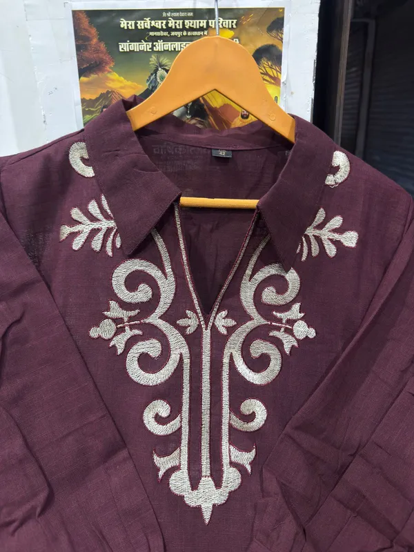 Chocolate_Brown_Cotton_Slub_Embroidered_Kurta_Set_For_Women