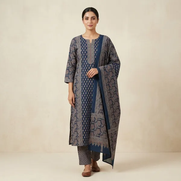 Navy_Blue_Cotton_Ajrakh_Block_Print_Unstitched_Suit_Set_For_Women