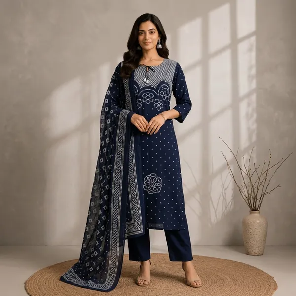 Navy_Blue_Cotton_Bandhani_Print_Kurta_Set_For_Women